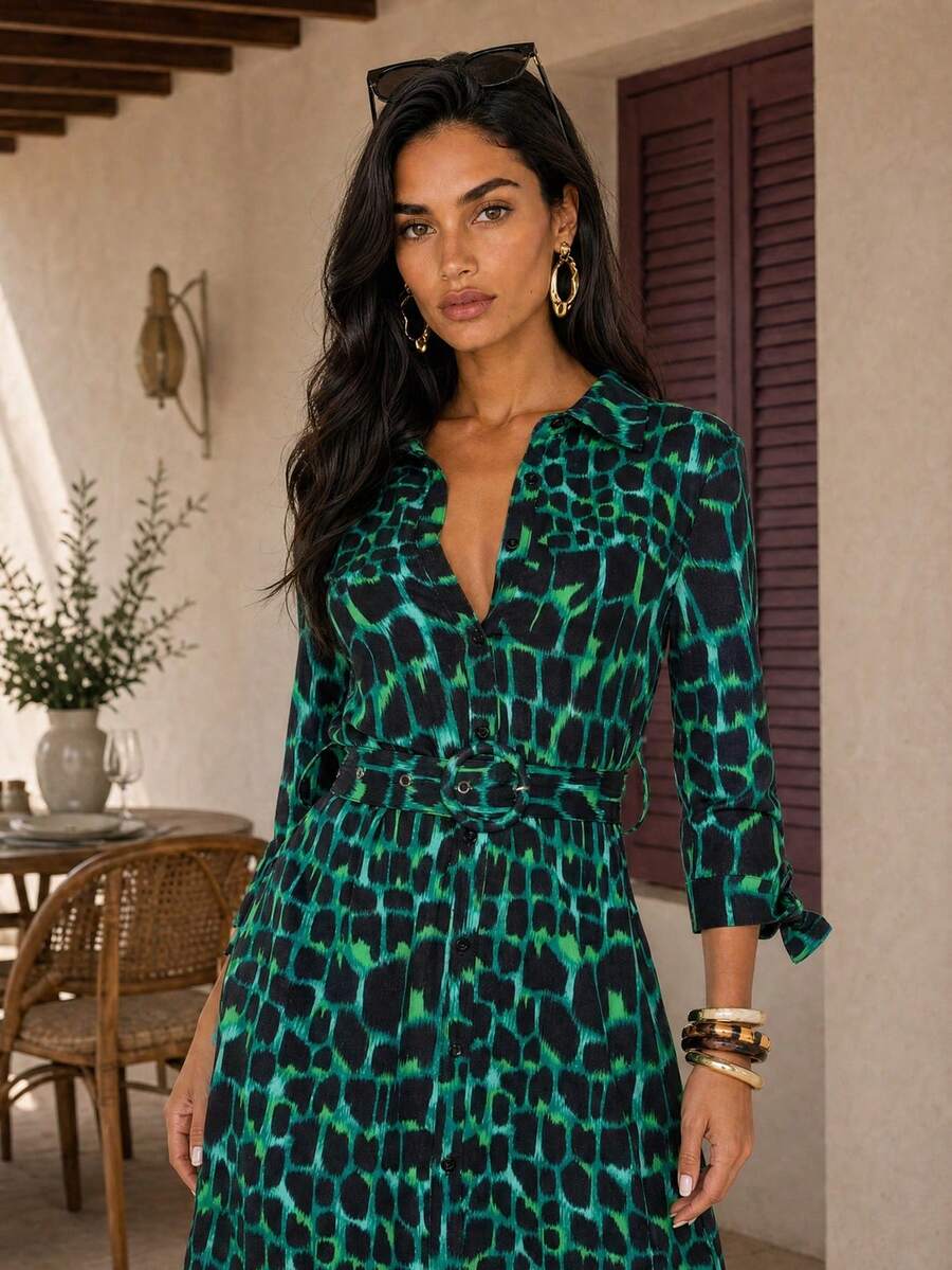 Dancing Leopard Green Animal Print Belted Shirt Mini Dress, Office Workwear - Green - View 1