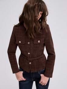 Women's Long Sleeve Metal Button Design Elegant Belted Tweed Jacket - Dark Brown - View 5