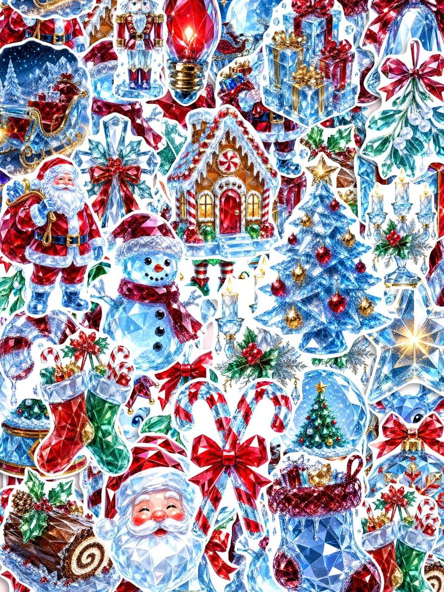 50Pcs PP Ice Country Christmas Stickers, Ice Blue Christmas Fairy Tale Style, Including Ice Christmas Trees, Santa Claus, Snowmen, Ice Flowers, Red Bows Elements, For Journal Collage, Skateboard, Tablet, Notebook, Storage Box, DIY Craft Decor - Multicolor - View 1