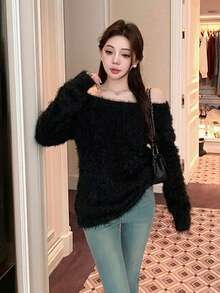 V-Neck Solid Color Fluffy Mid-Length Knitted Base Layer Top, Autumn/Winter - Black - View 6