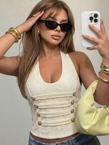 Halter Neck Jacquard Cropped Top, U-Neck Decorated With Metal Buttons, Ruched Sleeveless Fitted Women's Tank Top - Apricot - View 2