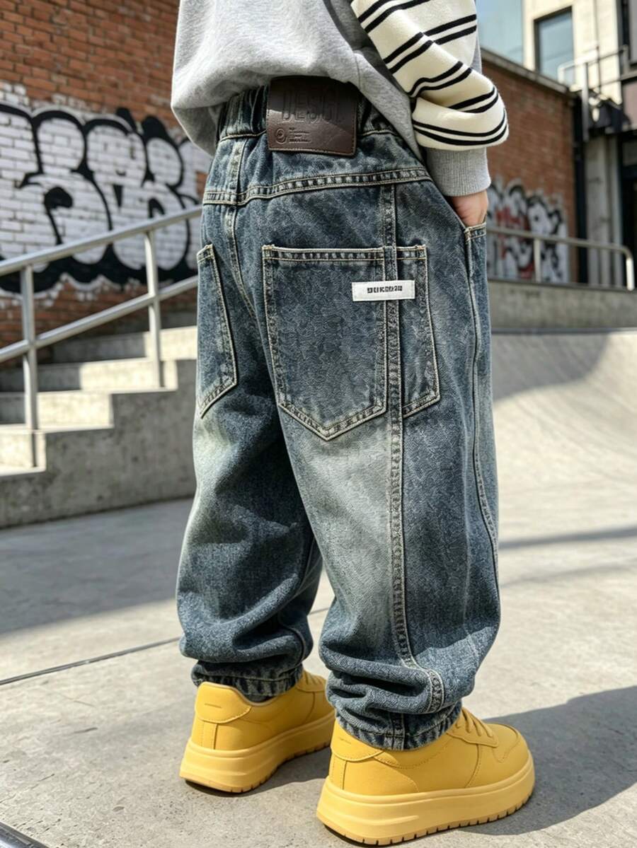Boys' Loose Fit Denim Jeans, Suitable For Everyday, School, Outdoor & Casual Wear, Autumn