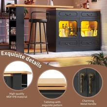 Flieks 360° Rotating Kitchen Island Bar Table With App Controlled LED Lights, Buffet Sideboard With 4 Drawers & Glass Cabinet, Multifunctional Dining/Work Desk For Living Room & Kitchen - Black - View 8