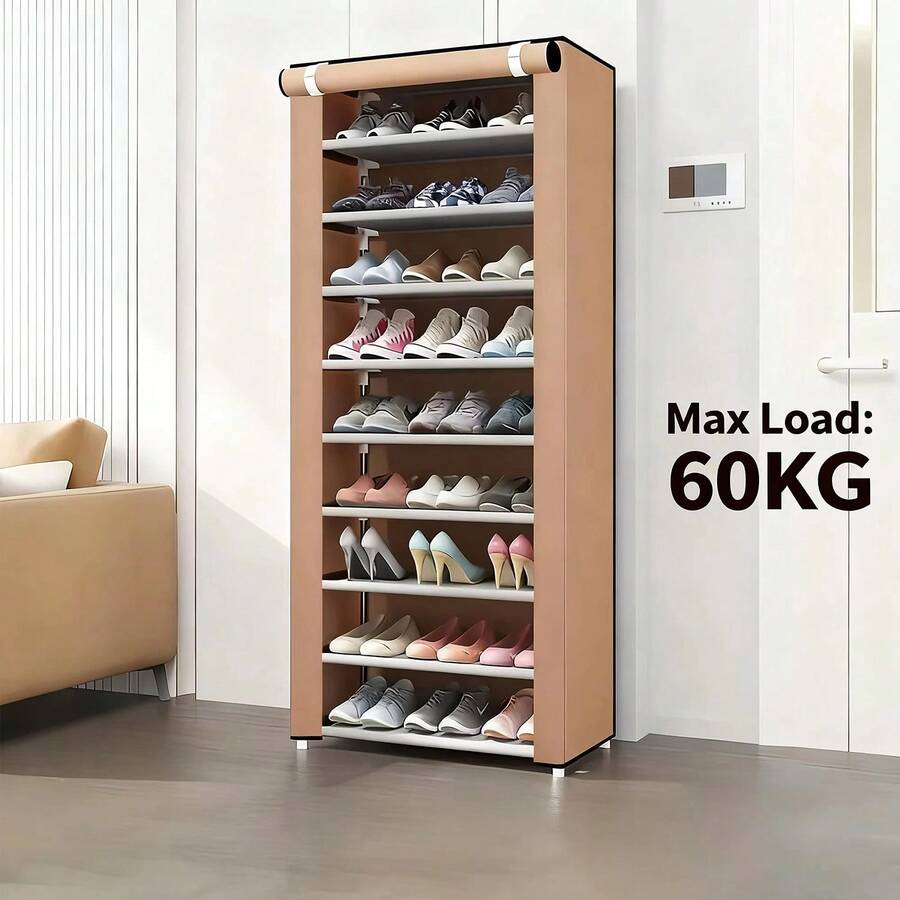 10-Layer Zipper Fabric Shoe Rack, Minimalist Dust-Proof Shoe Cabinet, Multi-Tier Shoe Storage Organiser, Portable Shoe Shelf For Dormitory, Bedroom, Student & Home Use