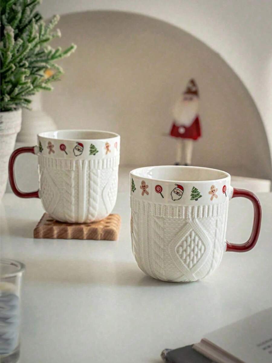 1pc/2pcs Christmas Ceramic Mug Pair, Embossed Sweater Pattern Ceramic Cup, Cute Christmas Pattern Coffee Mug, Couple Mug, Suitable For Reusable Hot And Cold Drinks, Home Drinking Water Cup, Christmas Gift, Holiday Decoration