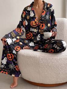 2pcs Women's Satin Pajama Set, Halloween Pumpkin Ghost Fun Print Lapel Long Sleeve Wide Leg Pants Faux Silk Loungewear - Black - View 1