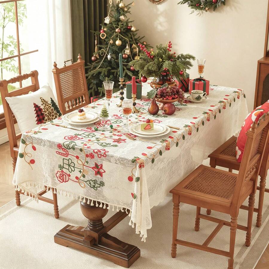 1pc Vintage Christmas Holiday Embroidered Rectangular Tablecloth, Festive Atmosphere Tabletop Dust-Proof Decoration, Suitable For Christmas Family Gathering Scenes - Christmas Gift - View 1