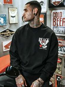 DOPE | American Street Style Oversized Back Graphic Sweatshirt For Men, PEACE Dove Red Rose Letter Loose Fit Crew Neck Pullover - Black - View 3