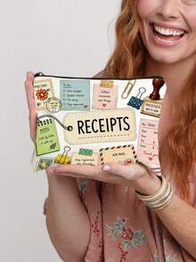 Vintage Receipts Zipper Pouch - Stationery Design With Stamps, Clips, Notes & Air Mail For Portable Storage Of Cosmetics, Stationery, Receipts, Or Travel Essentials. Compact For Office, Daily Use - Multicolor - View 13