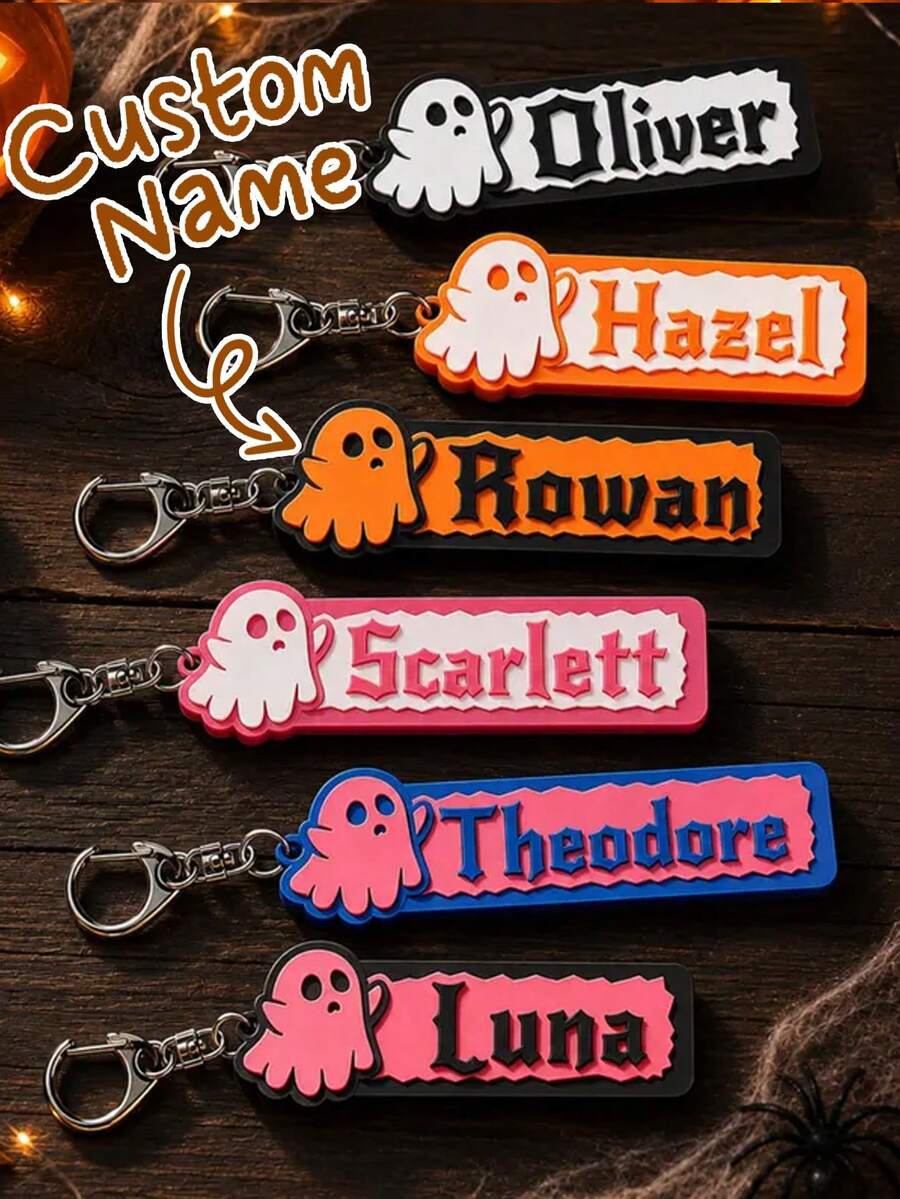 Personalized Halloween Name Keychain | Custom Ghost & Pumpkin 3D Keychain | Cute Backpack Charm | Halloween Gifts For Kids - Multicolor - View 1
