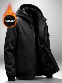 Men's Solid Color Outdoor Casual Sports Jacket With Hood, Multi-Pockets, Thick Thermal Lining, Mountain Style Outerwear - Black - View 4