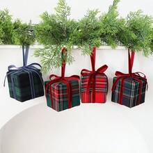 Plaid Christmas Gift Box Hanging Ornament, Wreath Decoration, Velvet Bow Hanging Decor, Scottish Tartan Gift Pendant, Suitable For Christmas Tree, Home Fireplace, Party Holiday Decoration, Winter Christmas Decor - Multicolor - View 11