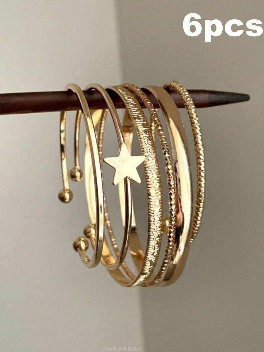6pcs/Set Gold Thin Bangle Bracelet Set, Mixed Texture Stackable Star Shape Bracelets - Gold - View 1