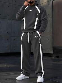 FRACTYR Set Pakaian Olahraga Pria 2 Potong dengan Hoodie Longgar, Motif Garis Blok Warna Melengkung Putih, Pakaian Jalanan - Grey - View 2