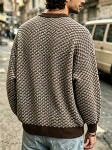 Sweater Rajut Pullover Kasual Vintage Serbaguna Motif Garis Houndstooth Geometris Berlian untuk Pria Musim Gugur/Dingin - Coklat - View 6