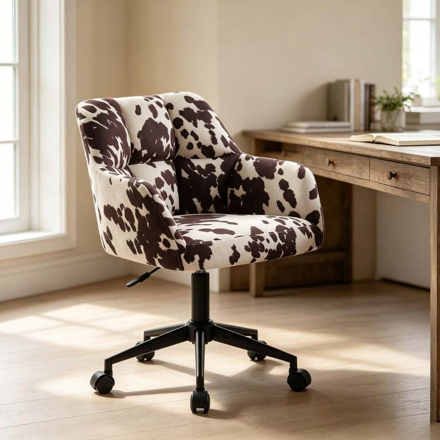 Silla de escritorio ergonómica con tapizado estampado de vaca, silla giratoria 360 ° con ruedas y altura ajustable, sillón de oficina cómodo para oficina en casa, sala de estar, soporta hasta 250 libras - Amarillo Mostaza - Ver 1