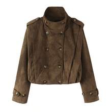 Autumn Vintage Double-Breasted Short Jacket, Stand Collar With Shoulder Epaulettes Design, Long Sleeve Casual Outerwear - Brown - View 10