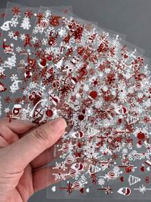 12 Sheets Christmas Nail Art Stickers, Self-Adhesive Red White Glitter Snowflake Candy Cane Gift Santa Tree Pattern Nail Decals, Winter Holiday DIY Manicure Decorations - Multicolor - View 5