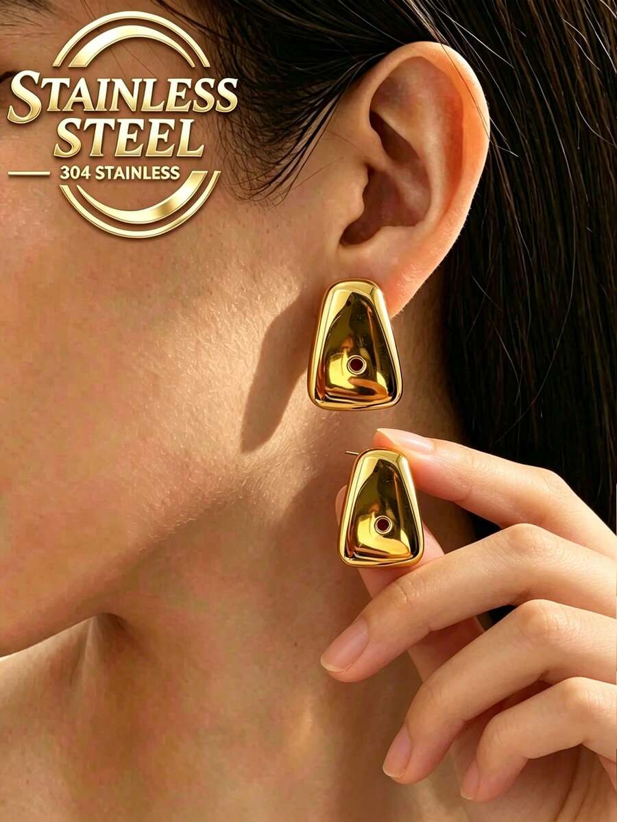 1 Pair/Fashionable Retro Style Stainless Steel 18K Gold Plated Trapezoid Earrings Suitable For Women's Daily Commute, Street Style Jewelry Gift