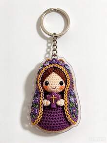 1pc 3D Keychain Pendant, Handmade Crochet Craft Acrylic Dust-Proof Encapsulated, Universal Accessory For Bags, Cars, Backpacks, Cartoon Virgin Mary Design With Floral Border And Cross Element, INS Style Creative Pendant, Personalized Backpack Decoration, Small Gift, Key Storage Wall, Home Decor, Bedroom Decoration - Multicolor - View 8