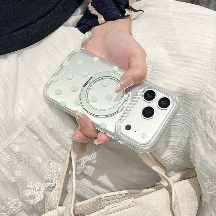White Polka Dot Magnetic 360° Rotating Stand Phone Case Compatible With IPhone 17, 16 Pro Max, Semi-Transparent Matte, New 15, 14, Anti-Drop Protective Cover, 13, Niche Style, Super Cute, 16, Minimalist, 18 Pro Max, 18 - Multicolor - View 5