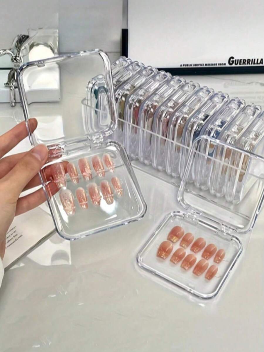 5pcs/10pcs/16pcs Creative Nail Art Storage Box, Transparent Acrylic Dust-Proof Packaging, Suitable For Finished Nail Art Styles, Dedicated Nail Art Sticker Storage Display Box, Transparent Jewelry Storage Box, Small Card Storage Box - Transparent - View 1