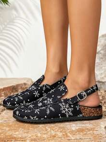 Women's Shoes Cork Raised Thick-Soled Slippers Flat-Soled Half Slippers Japanese Mules Shoes Snowflake Pattern Fashion Slippers - Navy Blue - View 3