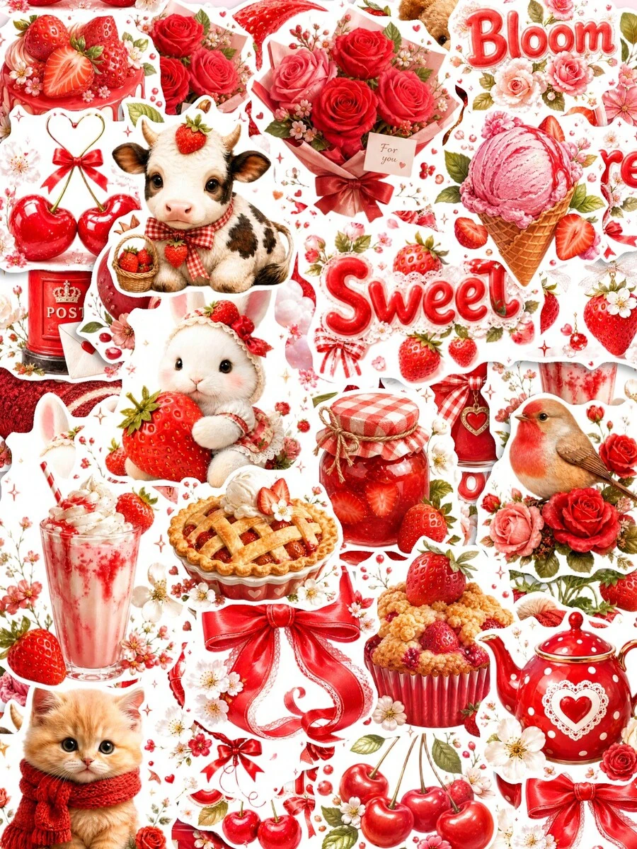 50Pcs PP Strawberry Love Garden Stickers, Romantic Strawberry Garden Style, Including Strawberries, Love Letters, Red Roses, Desserts Elements, For Journal Collage, Water Bottle, Luggage, Skateboard, Tablet, Notebook, Storage Box, DIY Craft Decor - Multicolor - View 1
