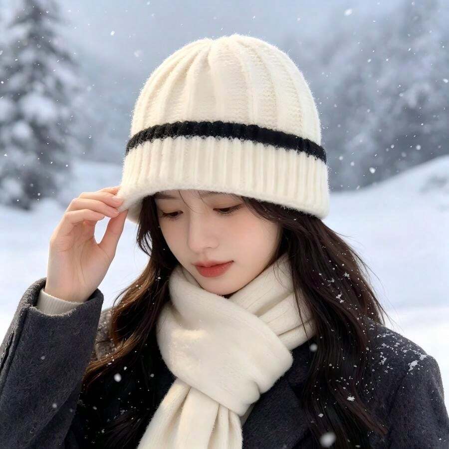 女款韓式拼色針織便帽,保暖百搭時尚鬆垮帽,修飾臉型頭巾,適合秋冬 - 粗條紋針織帽 - 查看 1