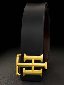 Adjustable Men Formal Belt, Unique H Geometric Metal Buckle, Smooth Surface Strap, Classic Waist Belt For Office & Casual Wear - Multicolor - View 2
