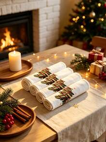 ABEST6522 Home&Living store 1pc/2pcs/4pcs Christmas Tree Embroidered Napkins, White Linen Look Fabric Napkins, Holiday Table Decor For Christmas Party & Family Dinner - Multicolor - View 8