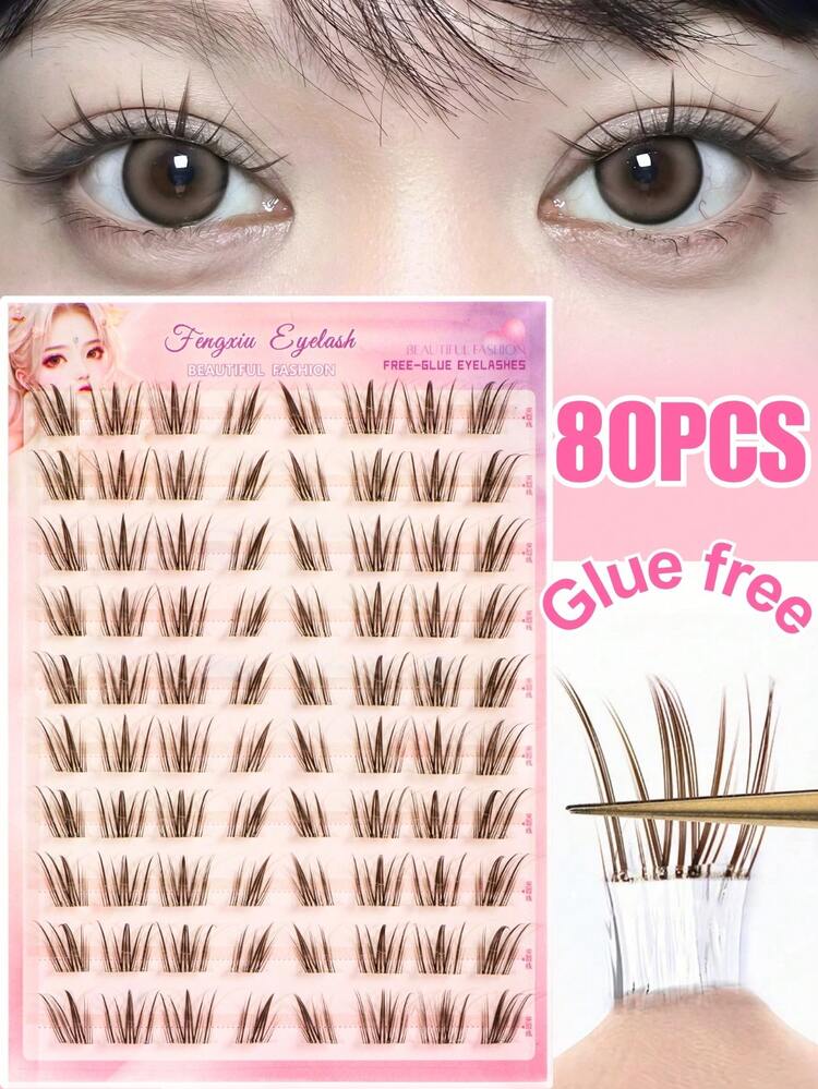 Glue-Free Women's False Eyelashes, 80 Clusters, Korean-Japanese Style, Easily Create Fox Eye Makeup, C Curl, 10-12mm Mixed Length, Glue-Free Segmented Application Saves Steps, DIY Saves Makeup Time, Suitable For Beginners, Reusable, Suitable For Daily Commute, Dating, Travel, Holiday Party, Gift For Best Friend, Girlfriend - C - View 1