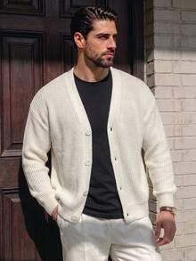 Men's Cardigan, Daily Commute Casual Streetwear Versatile Solid Color Minimalist Retro Japanese Korean Style Long Sleeve Loose V-Neck Button Up Sweater, Autumn/Winter - Beige - View 1