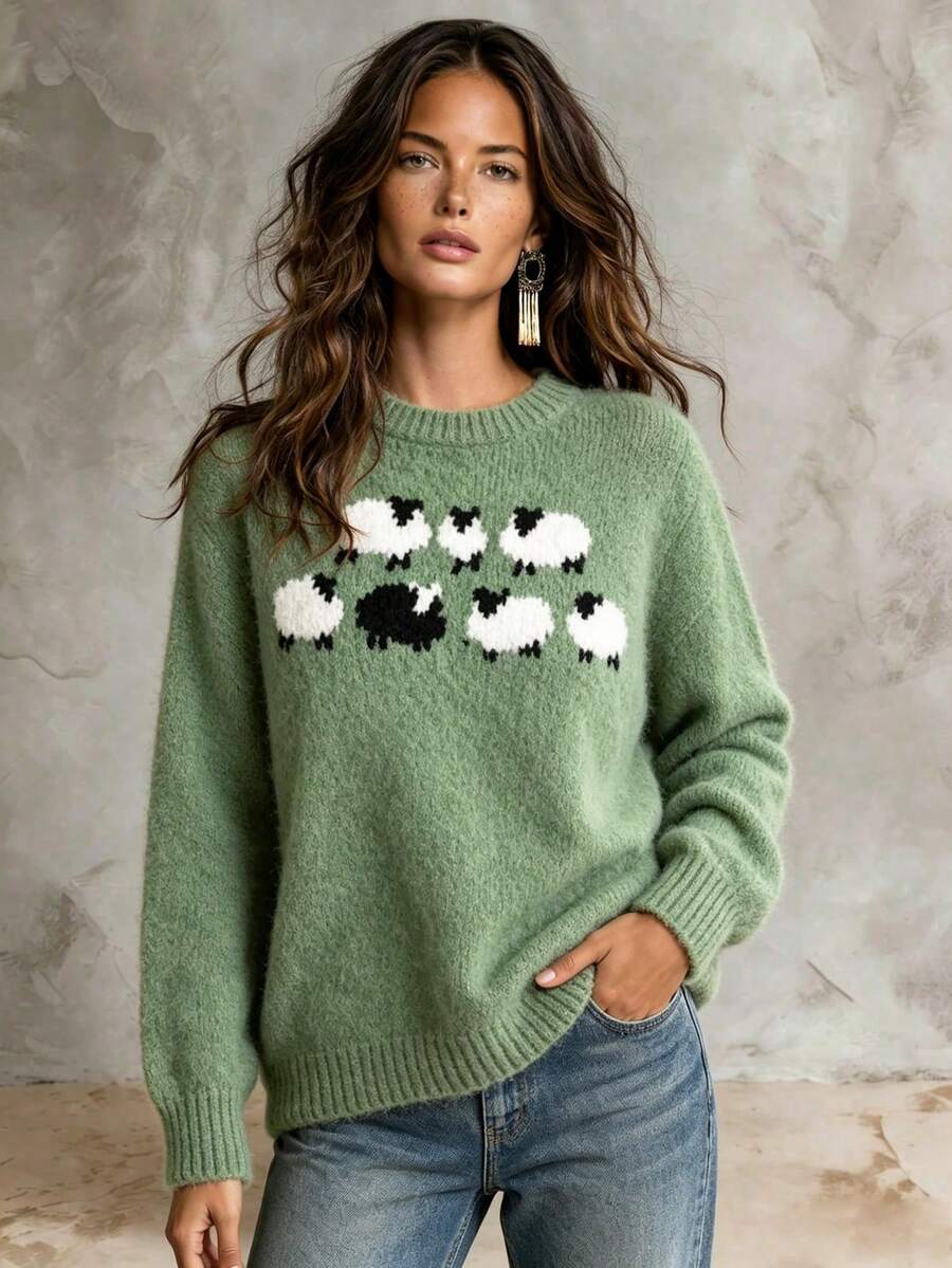 Third Introversion-Women's Fresh Matcha Green Round-Neck Sweater For Fall/Winter, Featuring A Cute Lamb Jacquard Pattern-Soft, Adorable, And Youthful - Green - View 1