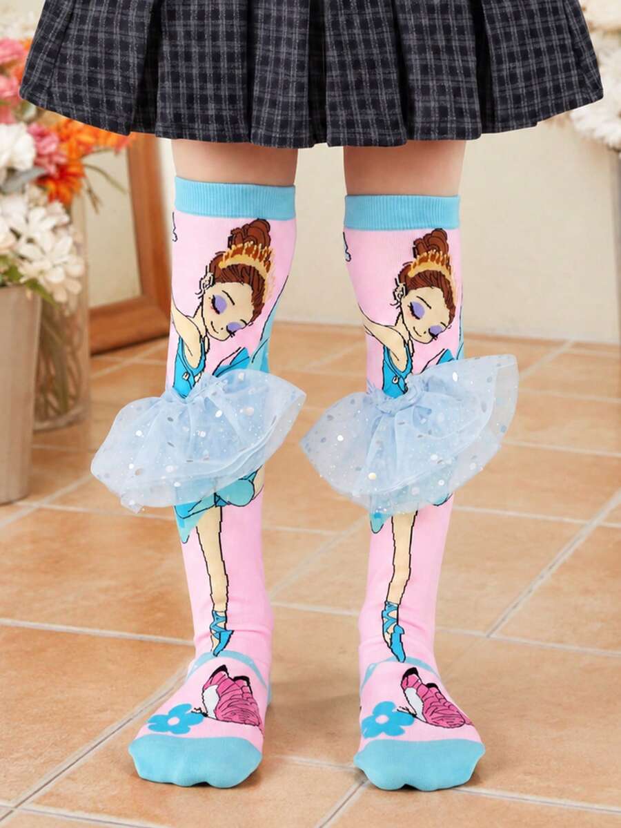 1 Pair Cute Ballet Girl Skirt Accessories, Suitable For Children's Knee-High Socks, Perfect For Summer Daily School Wear And Party Occasions - Pink - View 1