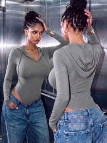 Women's Casual Ribknit Hooded Button Front Slim Fit Long Sleeve Bodysuit For Daily Wear Fall/Winter,Fall Winter Clothes,Winter Fall Outfit,Going Out - Grey - View 1