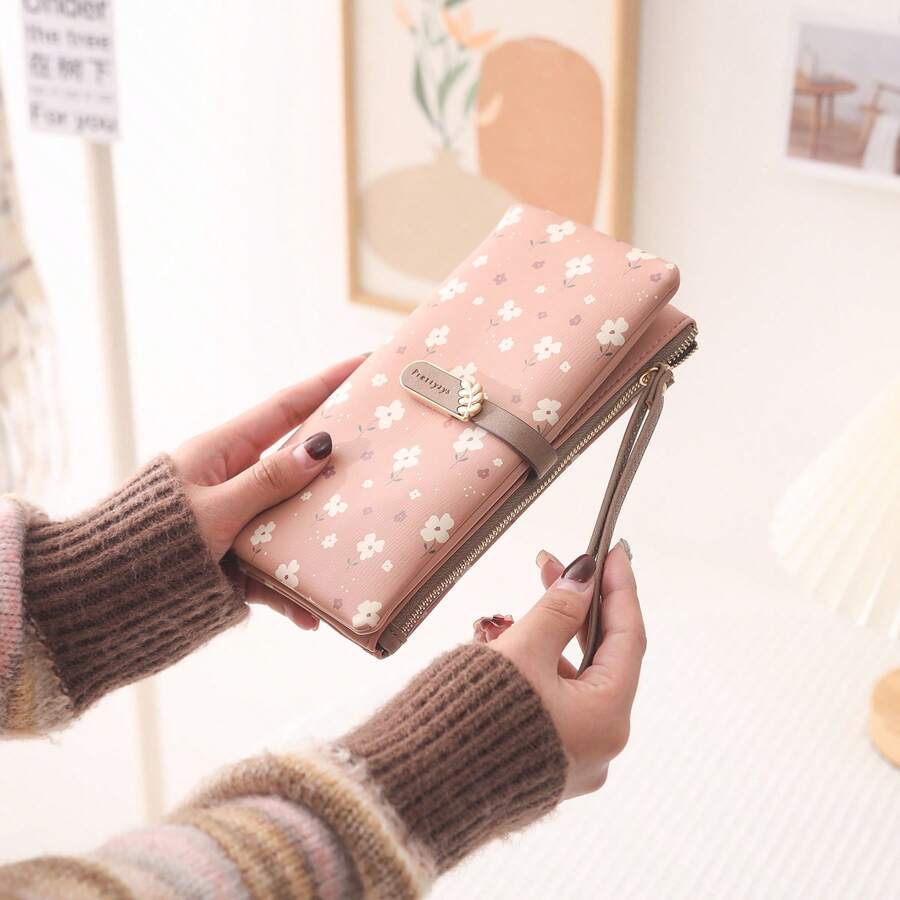 PRETTYZYS Women's Long Wallet Korean Style Printed Fresh Design Multifunctional Multi-Slot Wallet Handbag Wallet Wrist Strap Wallet Large Capacity Multi-Slot Student Coin Purse Daily Travel Wallet Christmas Wallet Valentine's Day Gift Wallet All Season