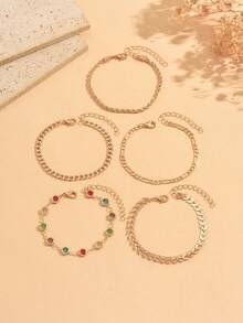 5pcs/Set Elegant Exquisite Colorful Rhinestone Layered Gold Bracelet Set, Classic Women's Hand Jewelry Suitable For Daily Wear And Date Party, Random Color Distribution Of Rhinestones - Multicolor - View 2