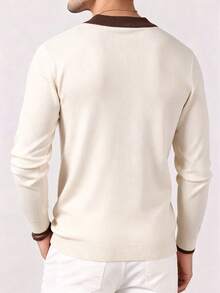 Men's Autumn/Winter Fashion Versatile Business Style Color Block Polo Collar Pullover Knit Sweater, Suitable For Daily Commute - Apricot - View 7