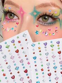 Rainbow 3D Glitter Gem Stickers, Bright Heart & Star Sequin Stickers, Self-Adhesive Rhinestone Design, Suitable For Makeup, Clothing, Multi-Color Diamond Face Decor, Perfect For Valentine's Day, Holiday Party Events - Multicolor - View 1