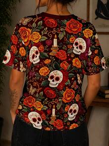 Camiseta de manga corta con cuello redondo y estampado temático de "Día de Muertos" para mujer. Diseñada con motivos festivos que incluyen calaveras pintadas, flores, calabazas, máscaras y e - Multicolor - Ver 2
