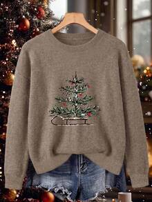 Sweater Kasual Hangat Wanita Ukuran Plus Motif Pohon Natal & Kereta Luncur dari Bahan Kasmir Imitasi (Musim Gugur/Musim Dingin/Thanksgiving) - Abu-abu tanah - View 3