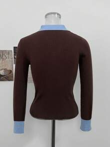Korean Style Casual Colorblock 2 In 1 Lapel Patchwork Long Sleeve Top Women Autumn/Winter Slim Fit Waist-Cinching Short Ribbed Knit Sweater - Brown - View 7