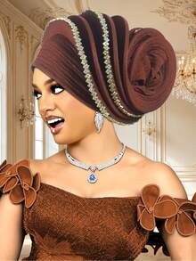1pc Women Pre-Made Auto Gele Turban Hat, Nigerian Pleated Headtie With Rhinestone Trim, African Flower Bud Head Wrap For Wedding Party Ceremony - A - View 13