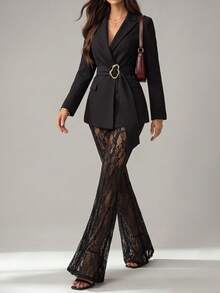 Women's Autumn/Winter Elegant Commute Long Sleeve Blazer With Lining, Metal Decor And Ribbon Design, Lace Flared Pants Set - Black - View 5