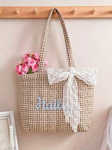 1pc Personalized Name Quilted Plaid Tote Bag, Customized Checkered Shoulder Bag, Bridesmaid Gift, Embroidered Name, Lightweight Shopping Handbag - Multicolor - View 6