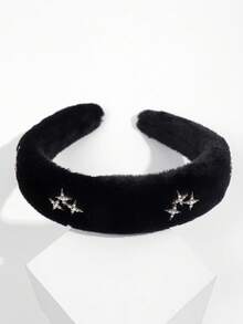 1pc Solid Color Autumn/Winter Plush Fuzzy Star & Rhinestone Wide Sponge Headband, Versatile Hair Accessory For Daily/Date/Commute - Multicolor - View 6