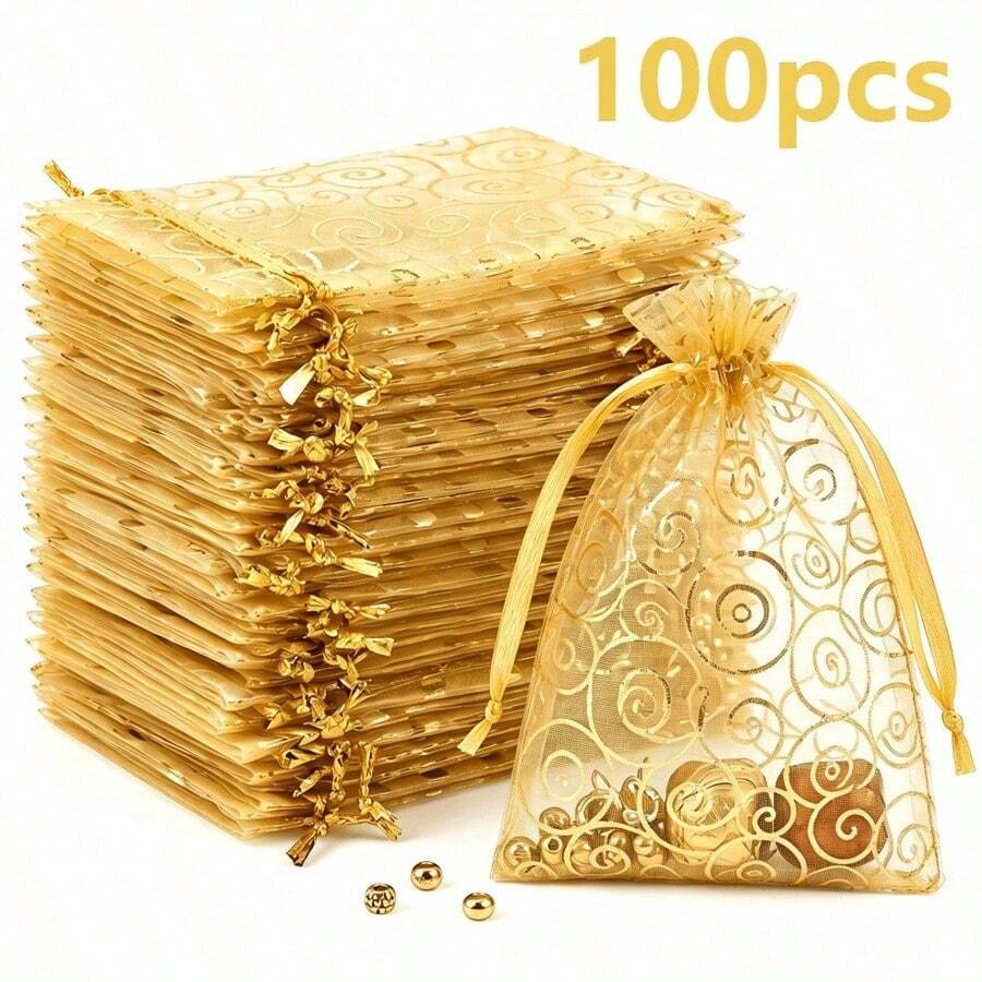 60pcs Gold Swirl Print Organza Gift Bags, Multi-Size Transparent Drawstring Pouches, Reusable Mesh Party Favors, Suitable For Weddings, Christenings, Graduations, Holiday Parties And Candy And Jewelry Packaging - Multicolor - View 1