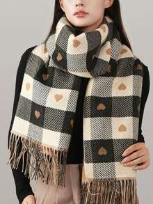 Blue & Beige Plaid Heart Print Scarf, Comfortable Winter Tassel Shawl - Love - View 8