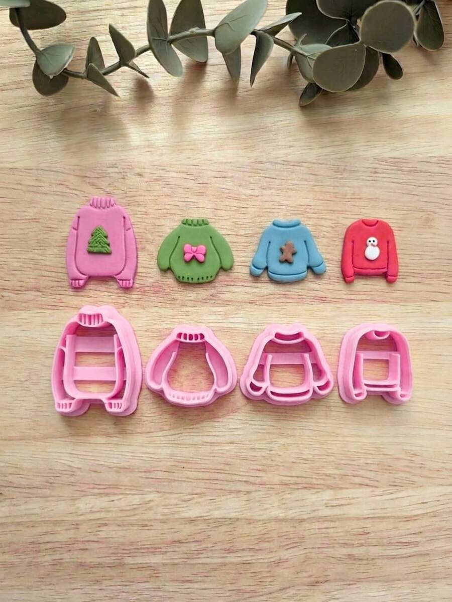 Sweater-Shaped Polymer Clay Cutters, 4Pcs Clay Mold, Winter Clothes Shape Cutter For Handmade Earring Jewelry DIY Craft Making - Pink - View 1